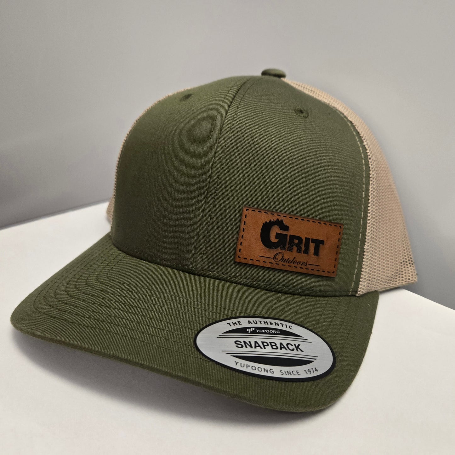 Grit Outdoors Trucker Snap Back Hat - Olive/Tan Leather Patch
